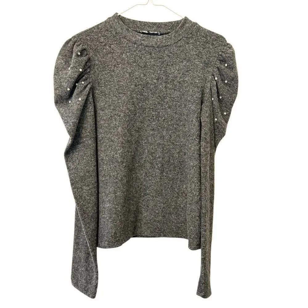 ZARA Soft Puff Long Sleeve Pearl Embellished Pullover Sweater Top Gray Large